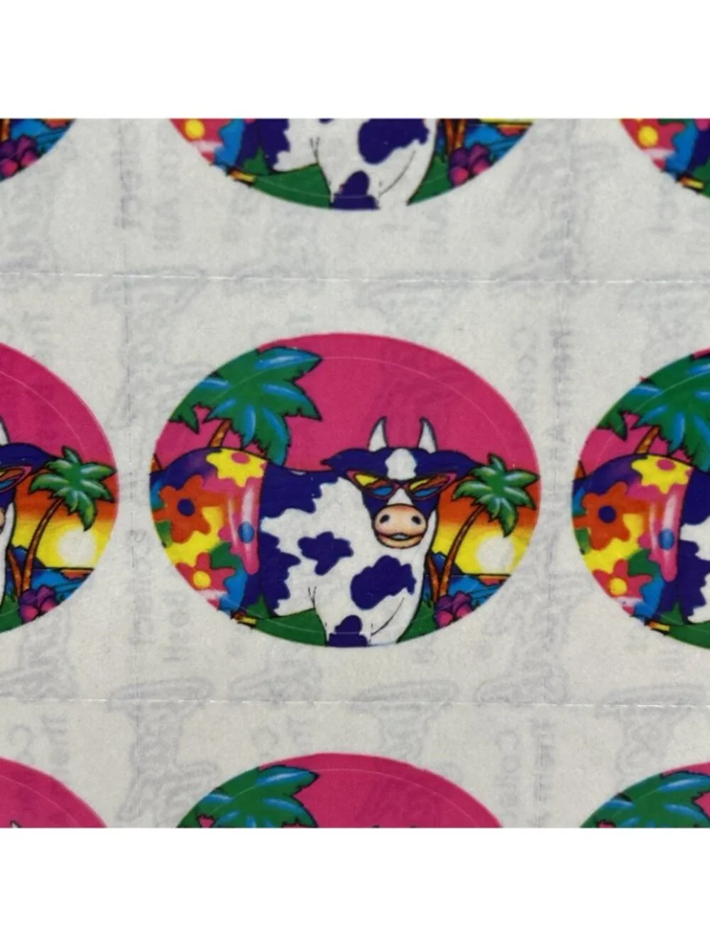 Lisa Frank #S112 FLOWER COWS PALM TREE FULL SHEET Stickers RARE VINTAGE Pink Fun